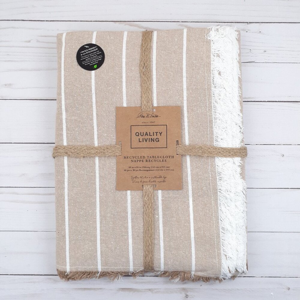 Park B Smith Fabric Tablecloth 60x84 Recycled Fibers Stripe Tan White Fringe